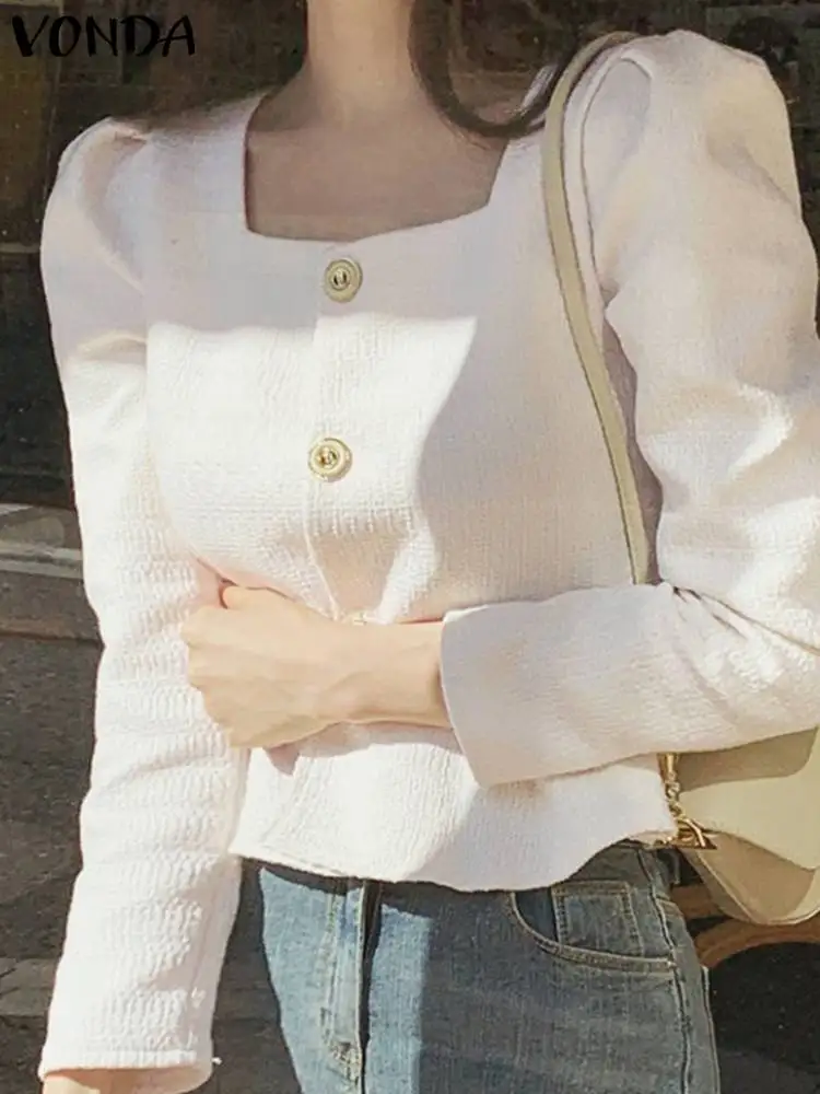 

2023 VONDA элегантная женская блузка с длинным рукавом, сексуальная летняя блузка с квадратным вырезом и оборками, повседневные Однотонные блузки