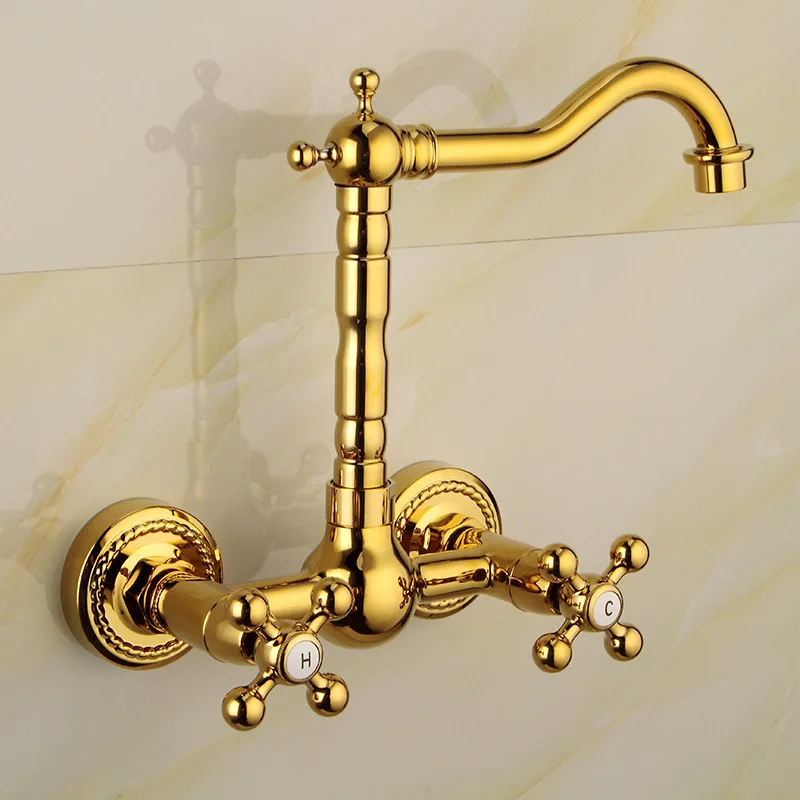 Латунный Смеситель для ванной комнаты и кухни, кран для раковины, поворотный излив, настенный монтаж, двойные крестовые ручки