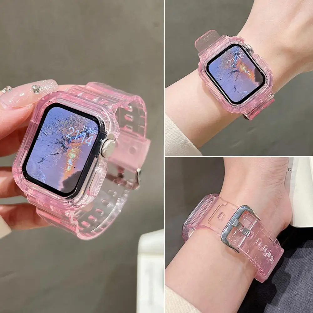 Фото Силиконовый ремешок + чехол для Apple Watch ремешки 11 42 мм 46 мм 44 мм 40 мм 41 мм 45 мм Прозрачный браслет iWatch серии 10 9 8 7 6 5 Se 3 №3