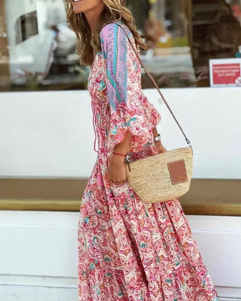 

Dresses for Women 2022 Summer Print Bell Sleeve Drawstring Casual Maxi Boho Vacation Dress Women's dresses