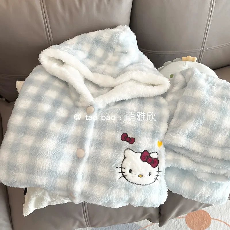 

Новый Sanrioed Hello kitty мультфильм кавайная синяя решетка серия утолщенная теплая Домашняя одежда комплект Кардиган пижамы