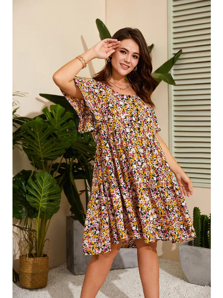 Summer new Mori chiffon dress female waist slim temperament small fresh floral knee-length dress plus size dresses