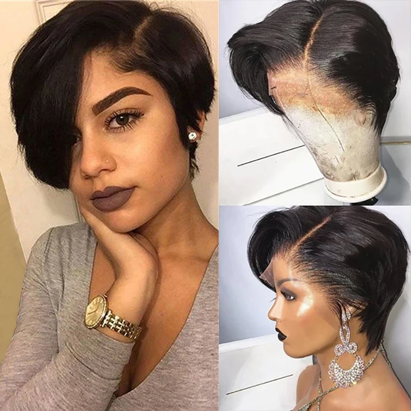 Short Bob Pixie Cut Wig Human Hair Brazilian Ombre Human Hair Lace Wigs Straight Pixie Bob Wig With Bang For Women Pre Plucked