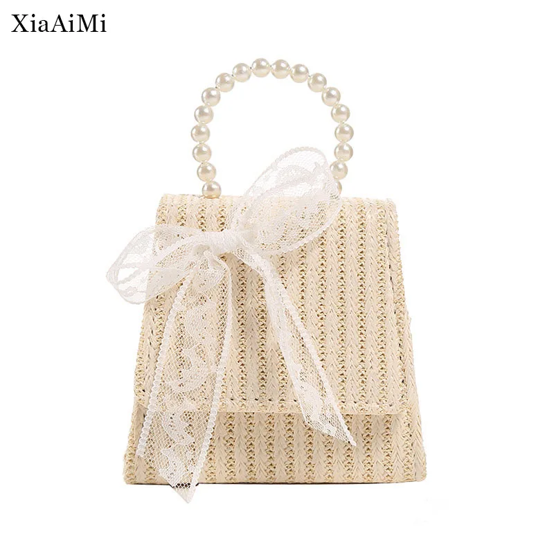 2022 New Women'S Handbag Bow Pearl Messenger Bag Lady Style Cute Light Lace Braided Girl Shopping Evening Bag