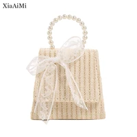 2022 new womens handbag bow pearl messenger bag lady style cute light lace braided girl shopping evening bag