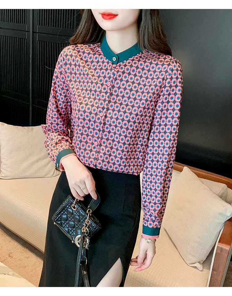 Женская рубашка с винтажным принтом FANIECES блузка воротником-стойкой и длинным