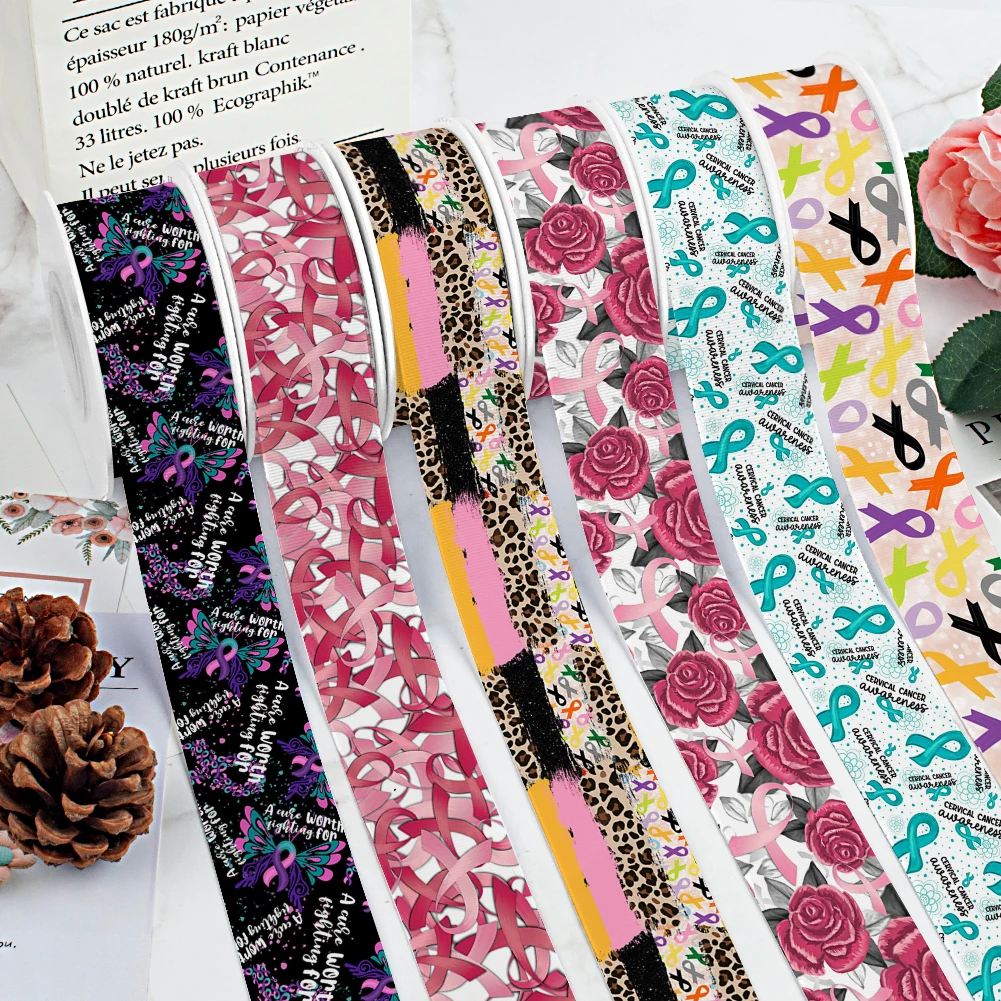 

Flowers Heart Printed Cancer Grosgrain Satin Ribbon for Gift Wrapping Hair Bow Craft Accessory 50 Yards