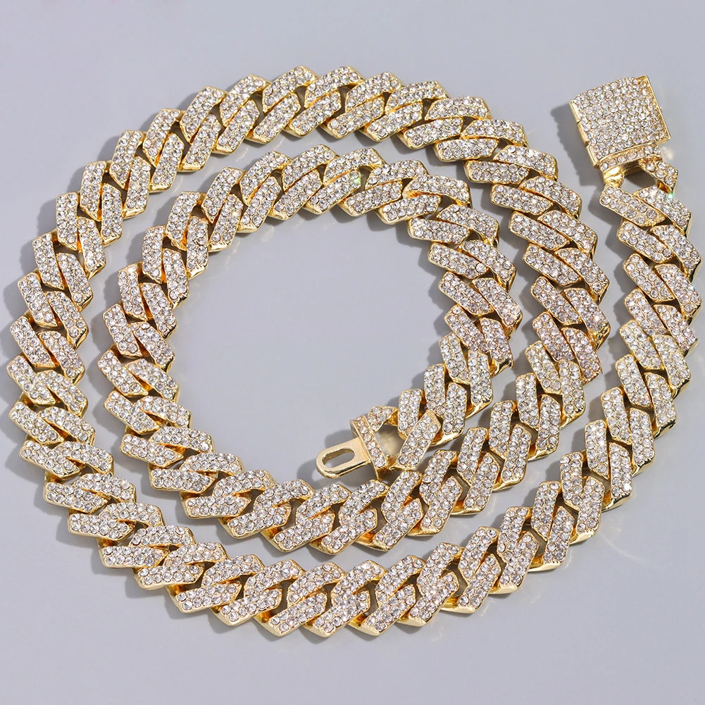 

HipHop Men Women 14MM Prong Cuban Link Chain Necklace Bling Iced Out 2 Row Rhinestone Paved Miami Rhombus Cuban Necklace Jewelry