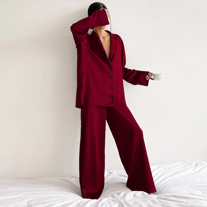 

Комплект пижамный женский атласный из 2 предметов, Шелковая пижама с низким вырезом, пикантные однобортные брюки с широкими штанинами и длинным рукавом, костюмы с брюками