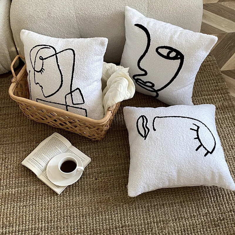 

White Light Luxury Pillowcase Teddy Velvet Abstract Character Simple Pattern Pillowcase Living Room Bedroom Cushion cover