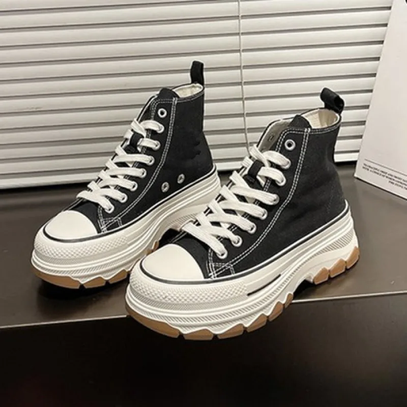 Women Canvas Shoes High Top Vulcanize Shoes Lace Up Casual Sneakers Plarform Height Increasing Girl Shoes Female Ankle Boots