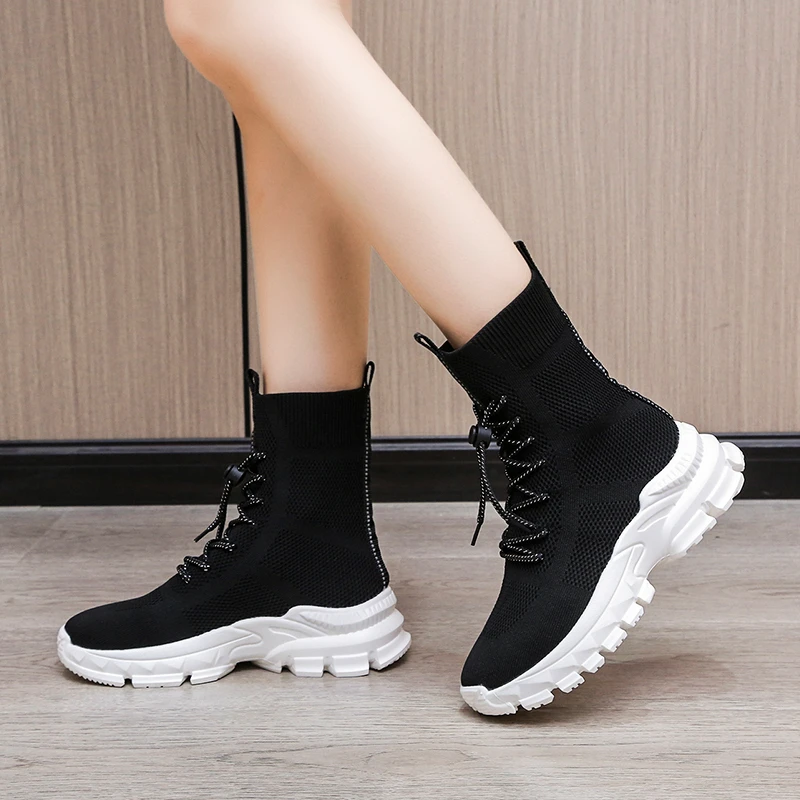 White Boots 2023 Knit Elastic Boots Women's Shoes Fashion Casual Ankle Boots Women's Fall/winter New Socks Boots Women's Shoes