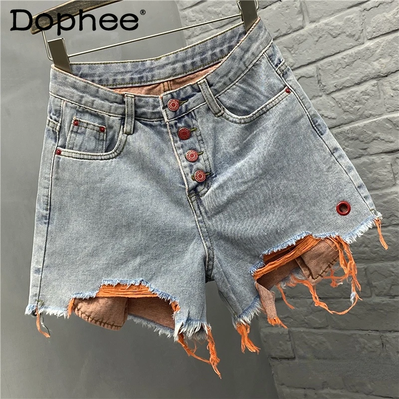 

2023 Summer Denim Shorts Jeans Feminino New Loose Contrast Color Pocket Single-Breasted Ripped Raw Hot Pants Women