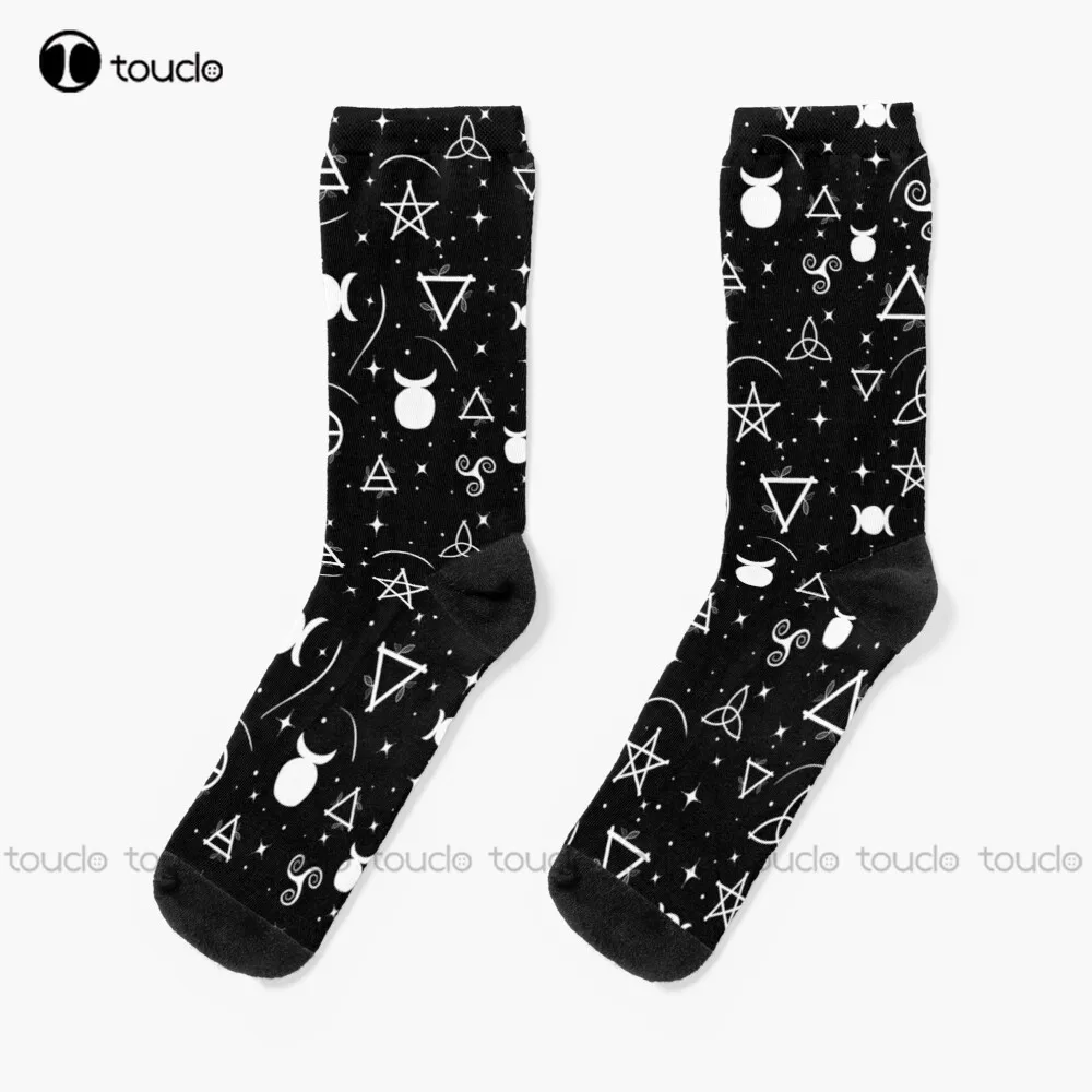 

Wicca Symbols Witch Earth, Fire, Air, Water, God, Goddess, Triskelion, Triqueta And Pentacle Socks Halloween Unisex Adult