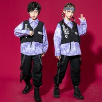 kid kpop hip hop clothing purple tie dye shirt sleeveless jacket streetwear tactical cargo pants for girl boy jazz dance costume