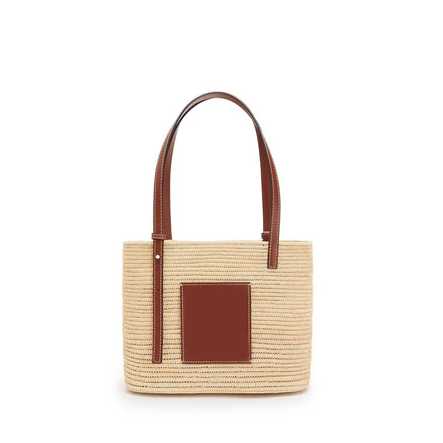 

Leather Handle Natural Handmade Straw Bag Fashionable Rafite Single Shoulder Square Holiday Beach Rattan Woven Bag