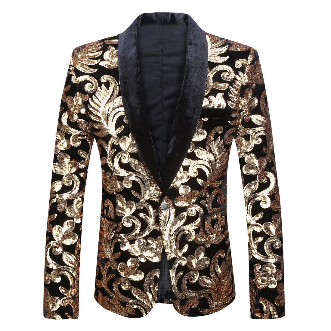 

Sequins Velvet Series Men Shawl Lapel Blazer Designs Black Velvet Gold Flowers Sequins Suit Jacket DJ Club Singer Clothes