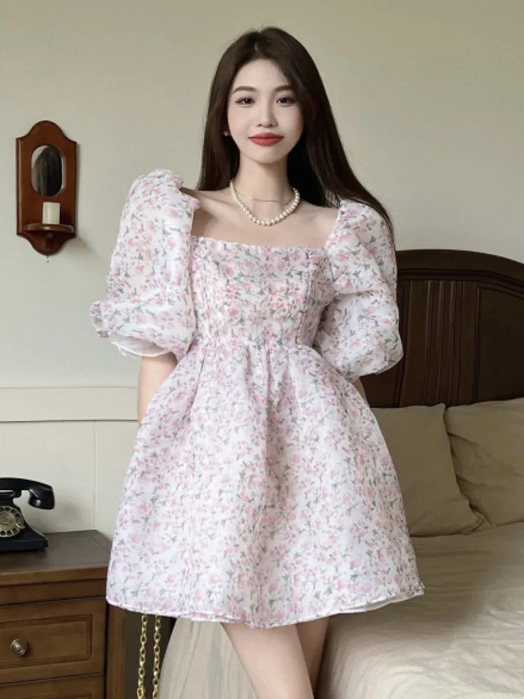 

Женское винтажное платье в стиле бохо, праздничное платье во французском стиле с полурукавами и цветочным принтом, Пляжное Платье для вечер...