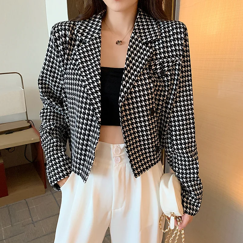 Fashion Houndstooth Blazer Suit Women Single Breasted All-Match Casual Office Blazer Office Lady 2021 New Commute Plaid Suit