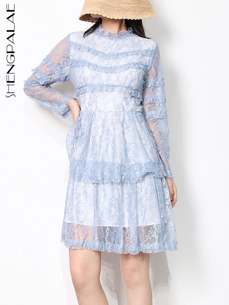 

SHENGPALAE Lace And Lace Fashion Ladies Tea Break Dress Gentle Split Small Stand Neck Women's 2023 Summer New Clothing 5R2335