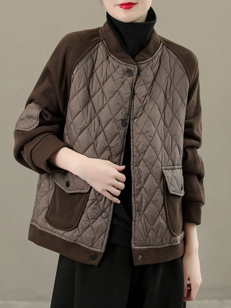 

Women Casual Quilted Coats New Arrival 2022 Autumn Winter Vintage Style Patchwork Color Loose Female Thick Warm Jackets B2184