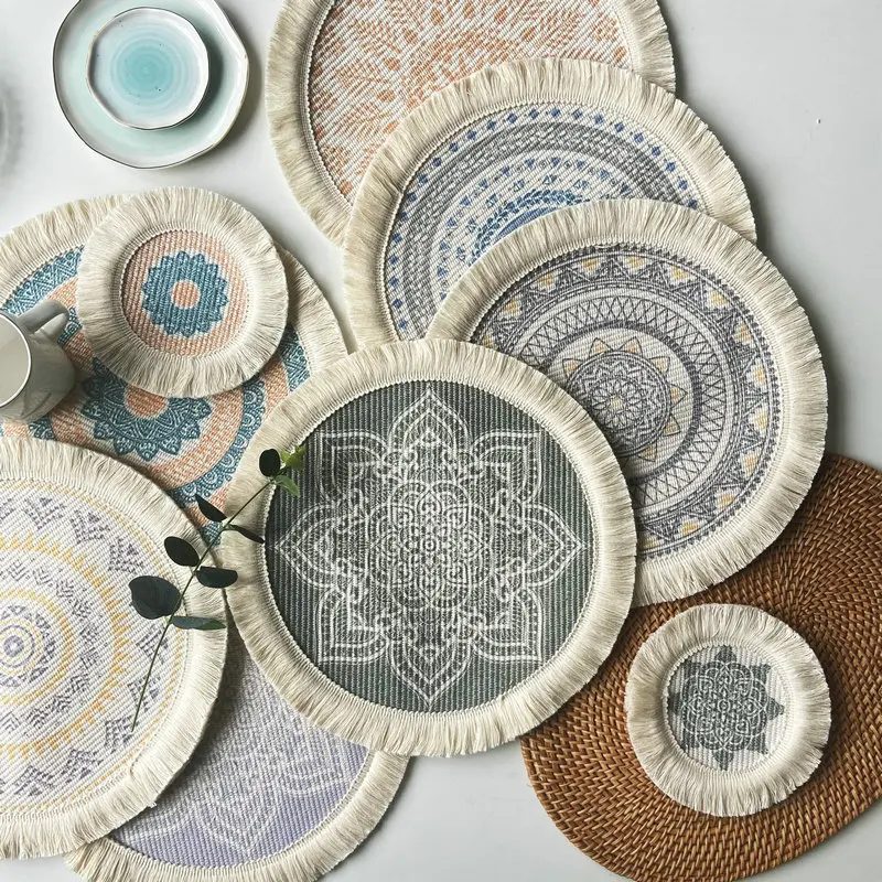 

Tassel Placemat Fabric Dining Table Decoration Mat Ethnic Style Porch Coffee Table Mat Nordic Cotton and Linen Heat Insulation
