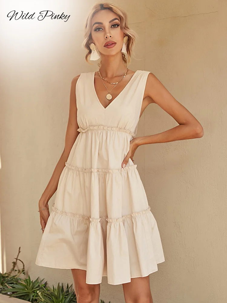 

WildPinky 2022 New Casual Solid Summer Women Dress Female V-neck Sleeveless Mini Dress Ruffles Holiday High Waist A-line Dress