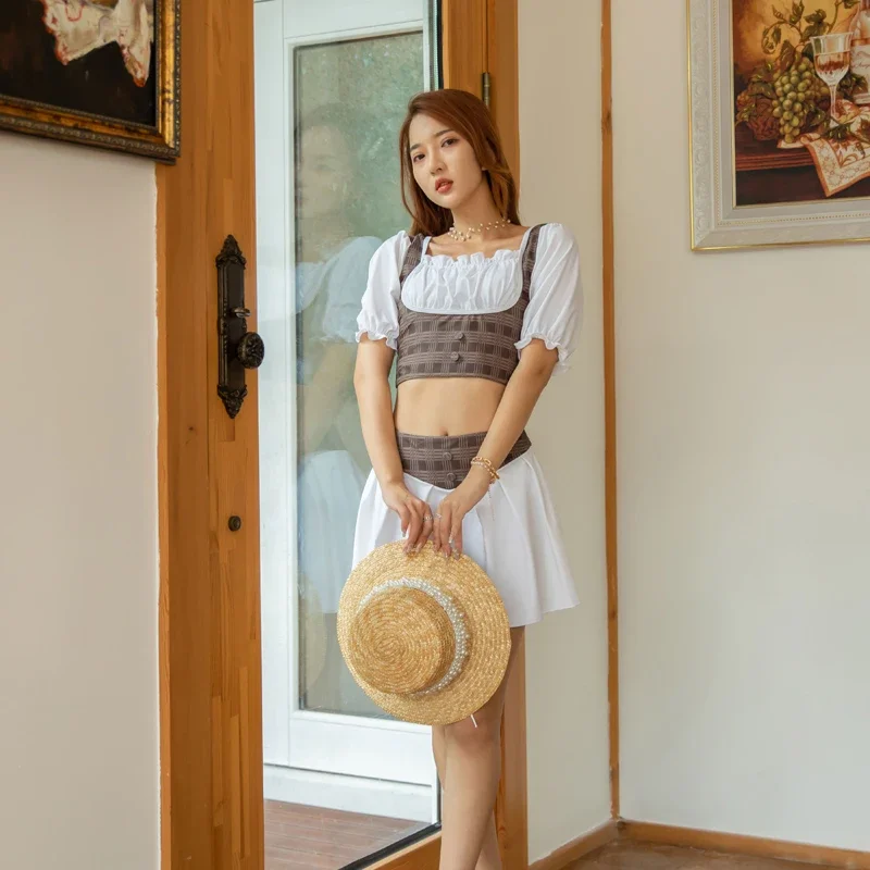 Купальник из двух предметов с коротким рукавом купальник пуговицами женский