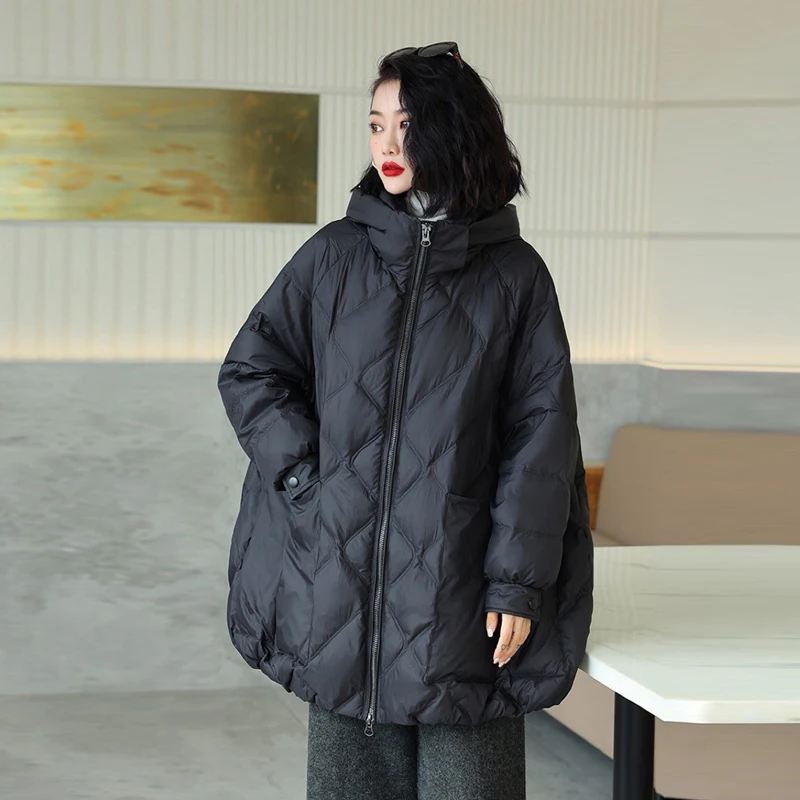 Women's winter down jackets Oversized Brown Pockets Hooded puffer jacket Casual Blue Long sleeve coat Ladies 2023 INKEO 2O338