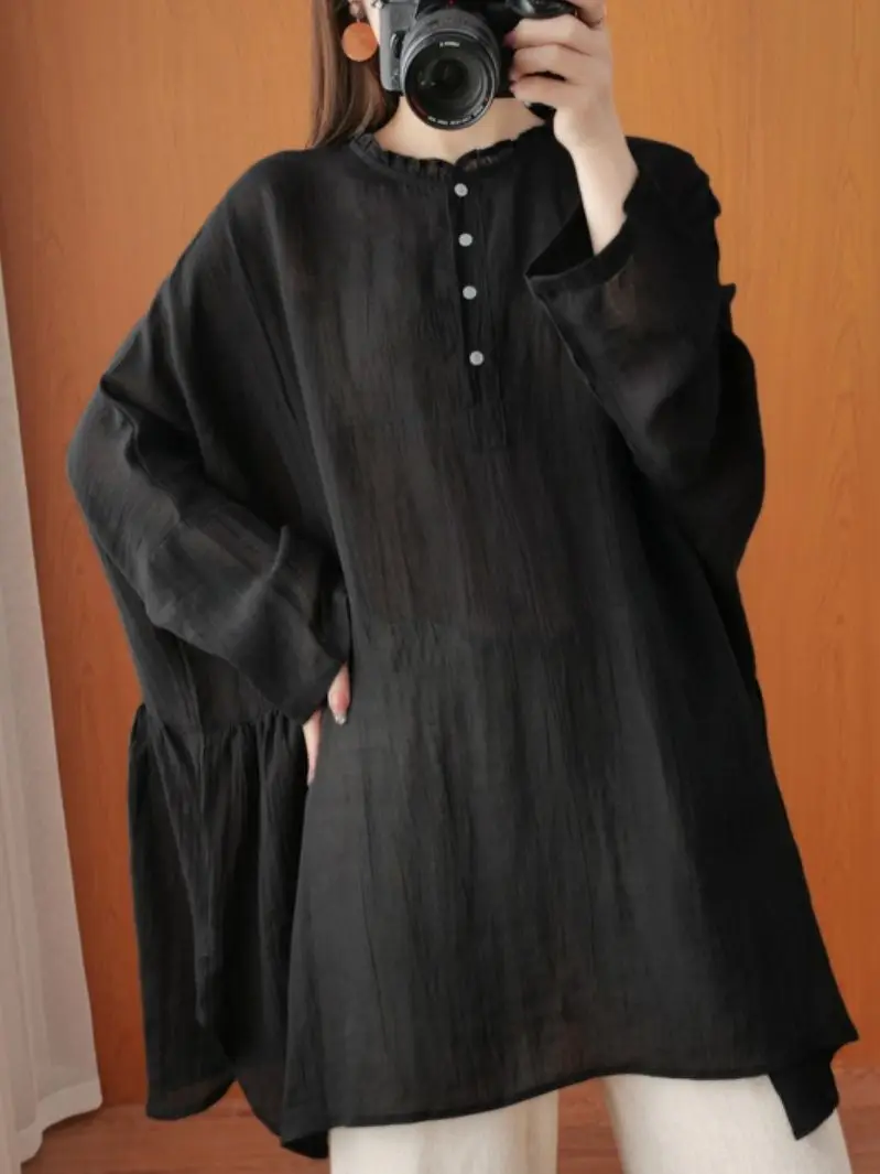 

2022 Spring Summer New Shirt Women's Retro Simple Loose Casual All-match Solid Color Pleated Sunscreen Blouses And Shirts