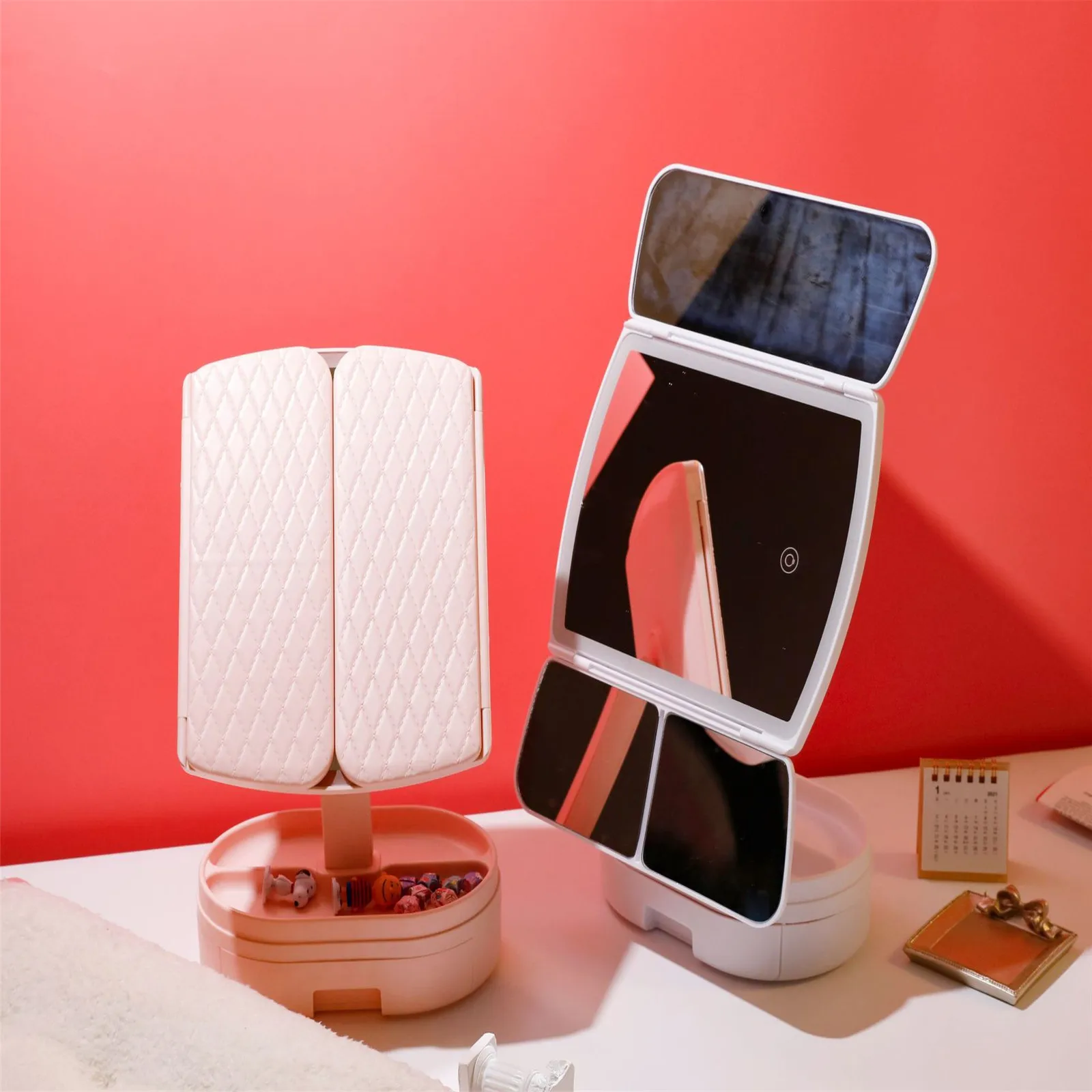 Foldable Makeup Mirror With Drawer Desktop Home Led Light With Smart Light Filler Dressing Mirror Touch With Magnifying Glass images - 6