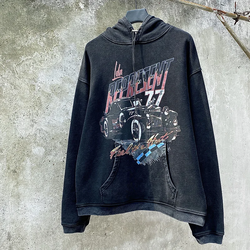 

Толстовка 2021fw с рисунком в уличном стиле для мужчин и женщин, Свитшот в стиле оверсайз с винтажным графическим принтом автомобиля, 1:1