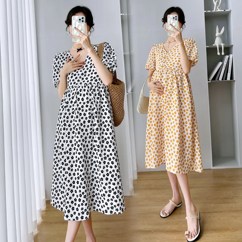 

9115# 2022 Summer Fashion Printed Cotton Maternity Long Dress Elegant A Line Clothes for Pregnant Women Pregnancy OL Work Ladies