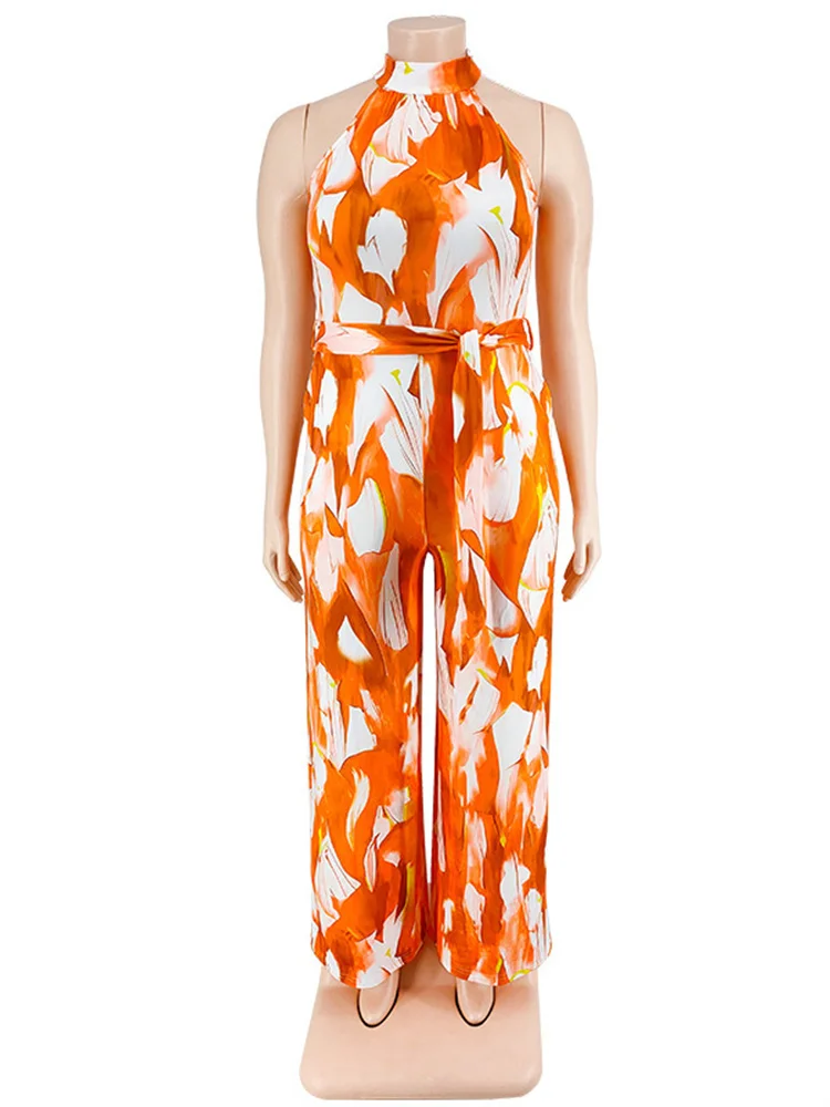 Plus Size Women Jumpsuit with Belt Summer Clothes Printed Sleeveless Wide Leg Office Lady Bodysuit Who 3xl 4xl 5xl 6xl