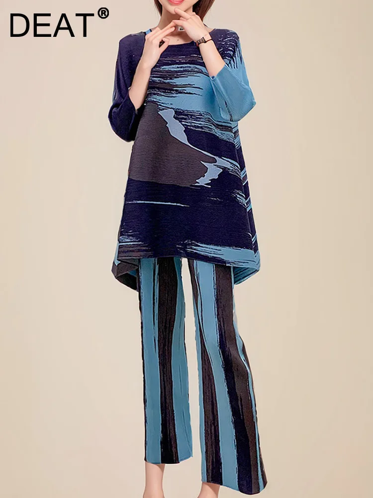 Женские плиссированные комплекты DEAT свободный топ с длинным рукавом и круглым