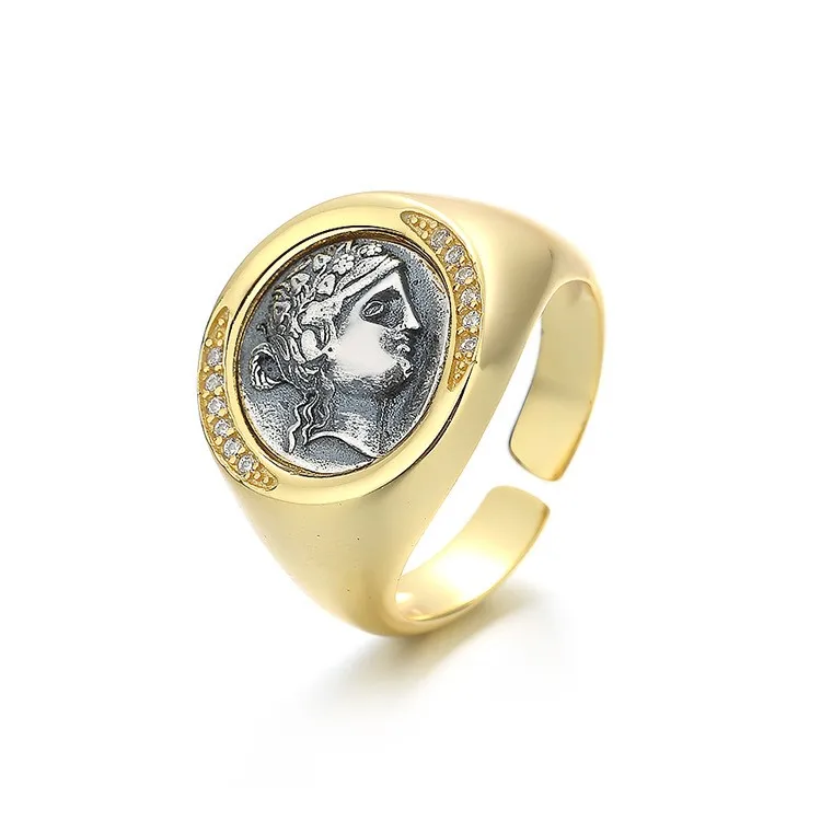 

Js-3 ZFSILVER Silver S925 Fashion Gift Trendy Luxury Retro Gold Dionysus Ancient Coins Rings Women Girls Wedding Party Jewelry
