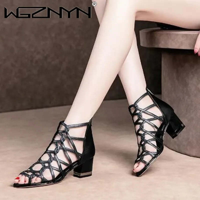 

Женские босоножки с открытым носком, черные кожаные сандалии-гладиаторы на высоком каблуке, с открытым носком, на молнии сзади, в римском ст...