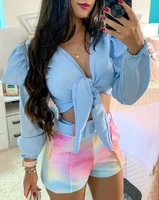 womens piece set pre knot jacket and gradient shorts set with belt summer blue cotton shirt bubble sleeves shorts