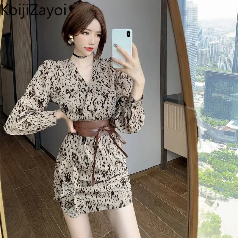 

Koijizayoi Spring Autumn Women Vintage Sexy Bodycon Dress Long Sleevesv Neck Foral Club Slim Mini Short Dresses Fashion Vestidos