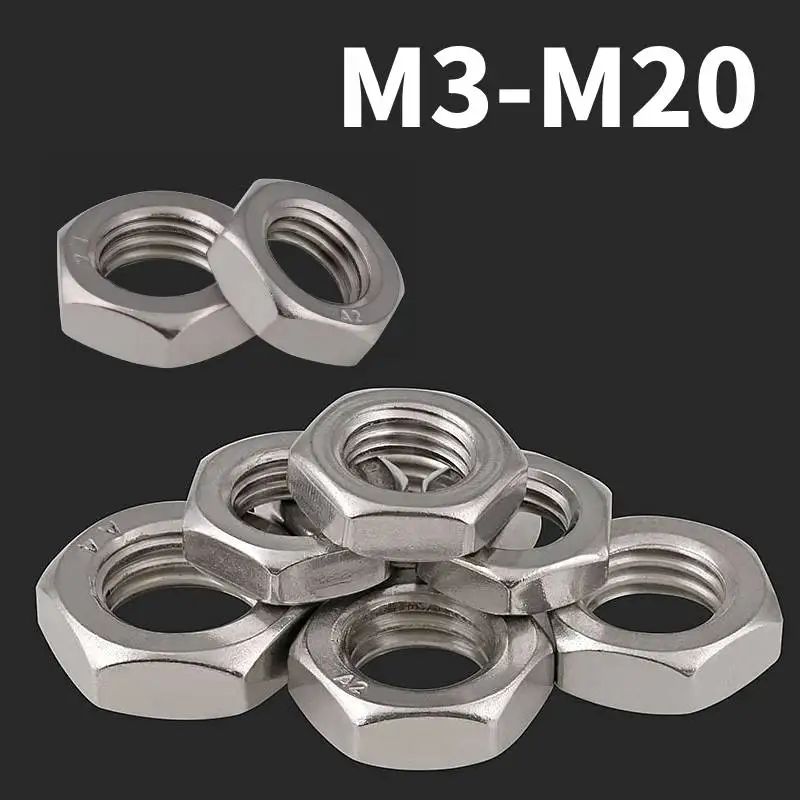 

304 Stainless Steel Flat Hex Hexagon Thin Nut Jam Nut DIN439 GB6172 Wafer Low Thin Jam Nut M3 M4 M5 M6 M8 M10M12 M14 M16 M18 M20
