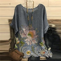 womens cotton linen blouses vintage o neck tunic tops summer floral printing ladies t shirts casual fashion pullover streetwear