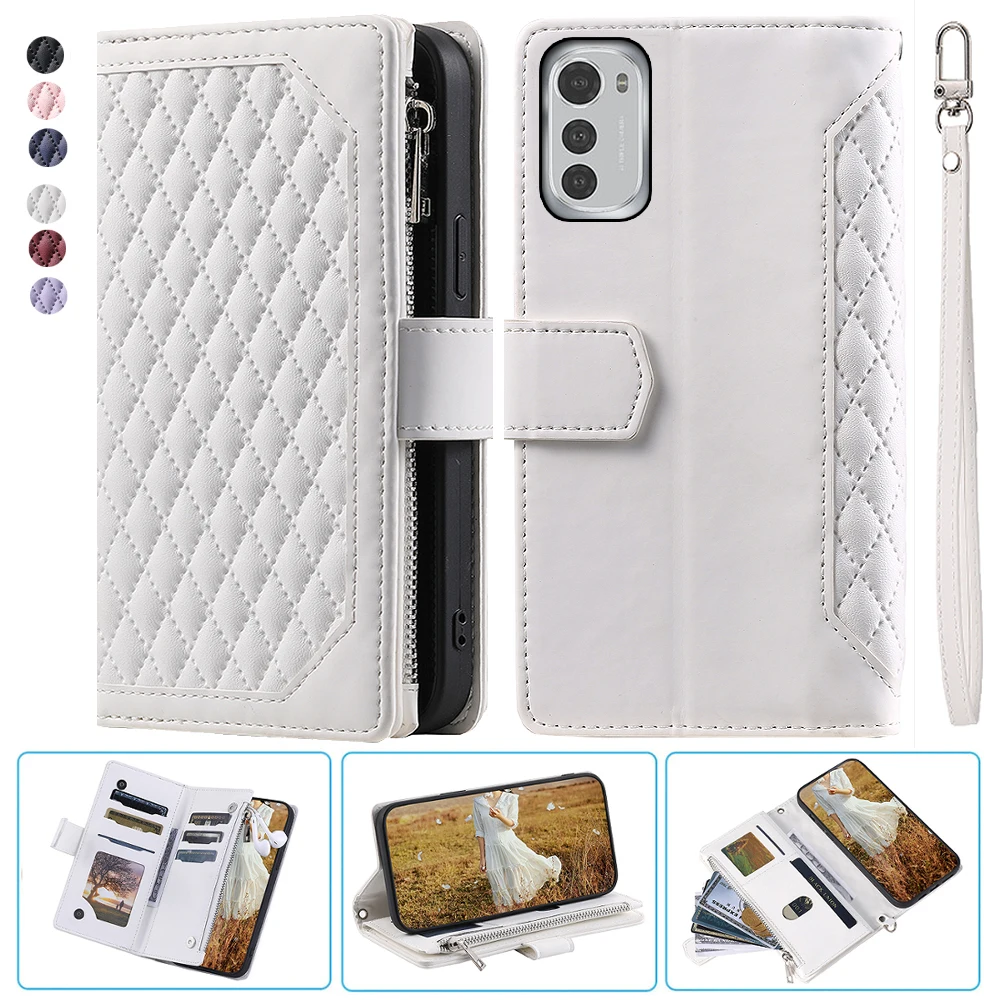 

For Moto E32 Fashion Small Fragrance Zipper Wallet Leather Case Flip Cover Multi Card Slots Cover Folio with Wrist Strap