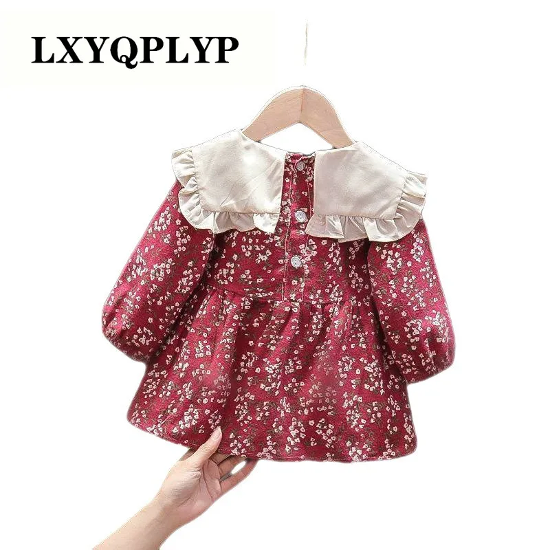 

Baby Girl Spring and Autumn Clothes New Doll Collar Floral Skirt Infant Western Style Big Lapel Long-sleeved Trend Bow Dress