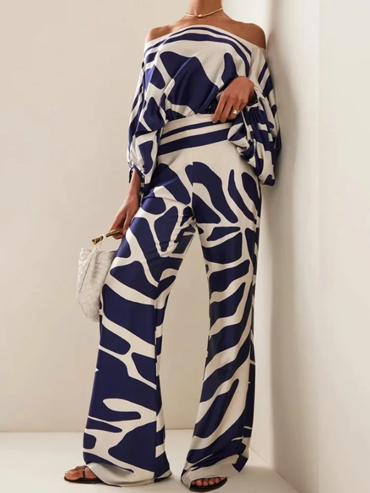 Uoozee Female Stylish Printed Suit Off-The-Shoulder Puff Sleeves Tops and Wide Leg Pants Two Pieces Sets For Women 2023 New