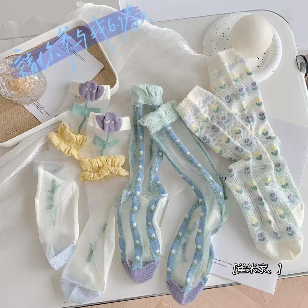 10PAIRS Spring and Summer Transparent Khaki Silk Mid-Calf Socks Women's Breathable All-Match Summer Women's Socks