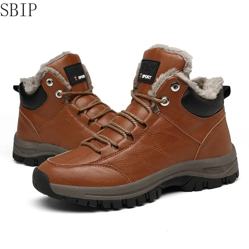 Outdoor Men's Hiking Shoes Winter Warm Fleece-Lined Cotton-Padded Leather Shoes Leisure Anti-Skid Wear Comfortable Shoes