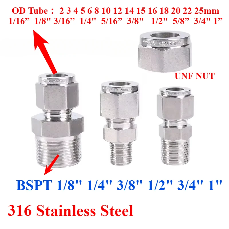 

1l8 "1/4" 3/8 "1/2" 3/4" 1 "BSPT «папа» 1/8 "-1" 2-25 мм Компрессионное соединение для труб из нержавеющей стали 316L Соединительная гайка UNF