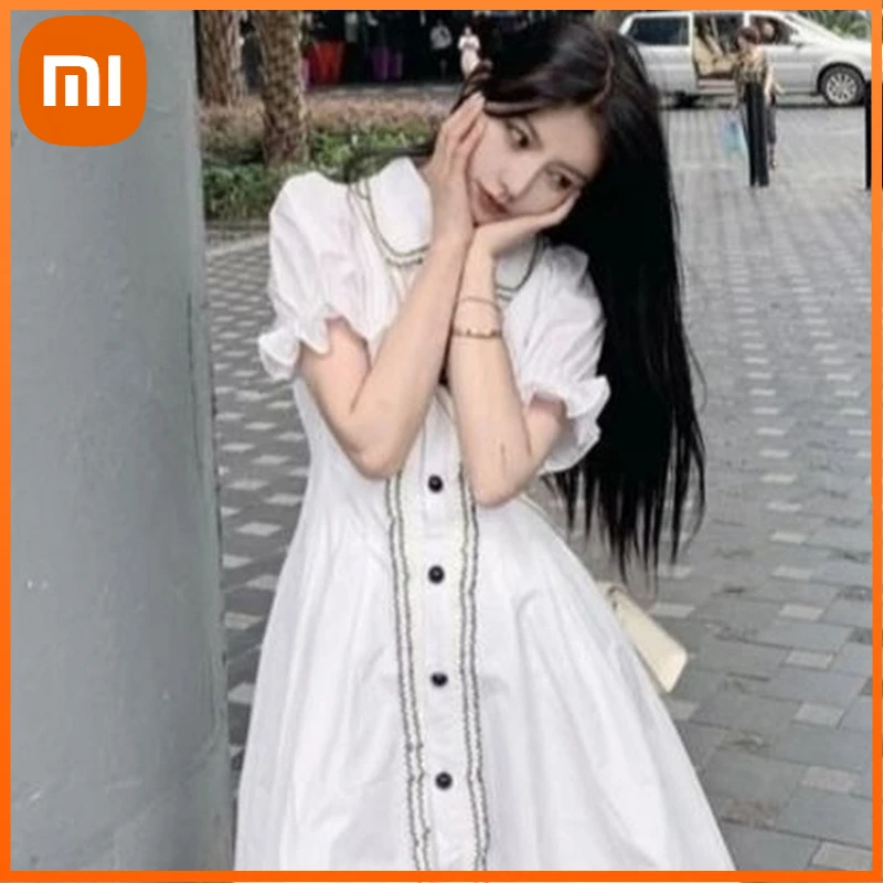 

Мини-платье женское летнее белое с запахом и пышными рукавами