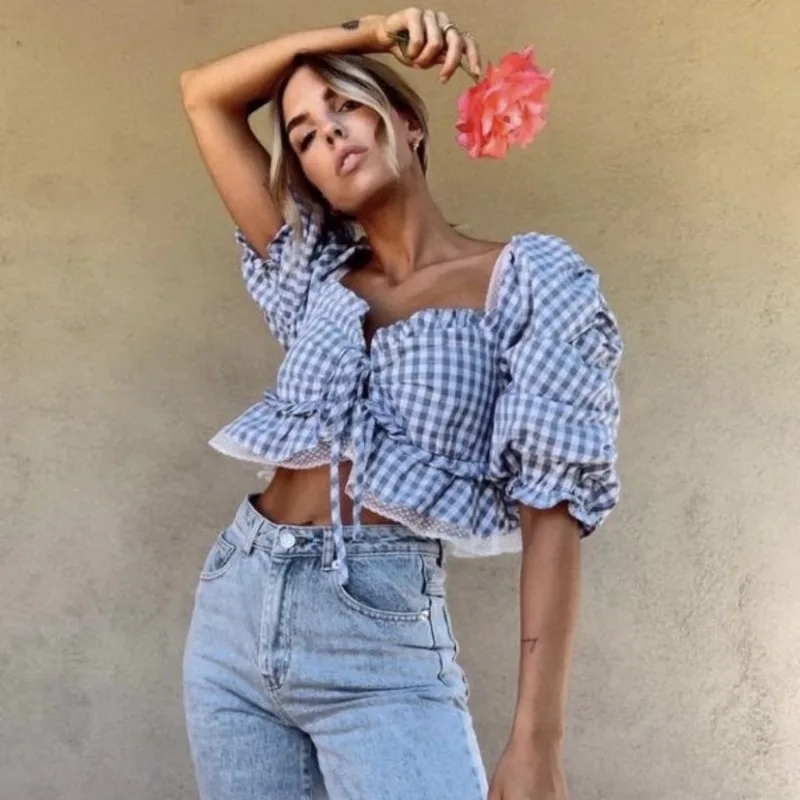 

Summer New Fashion Women's Square-neck Slim-fit Blouses with Fungus Fringe Lace Plaid Cropped Tops