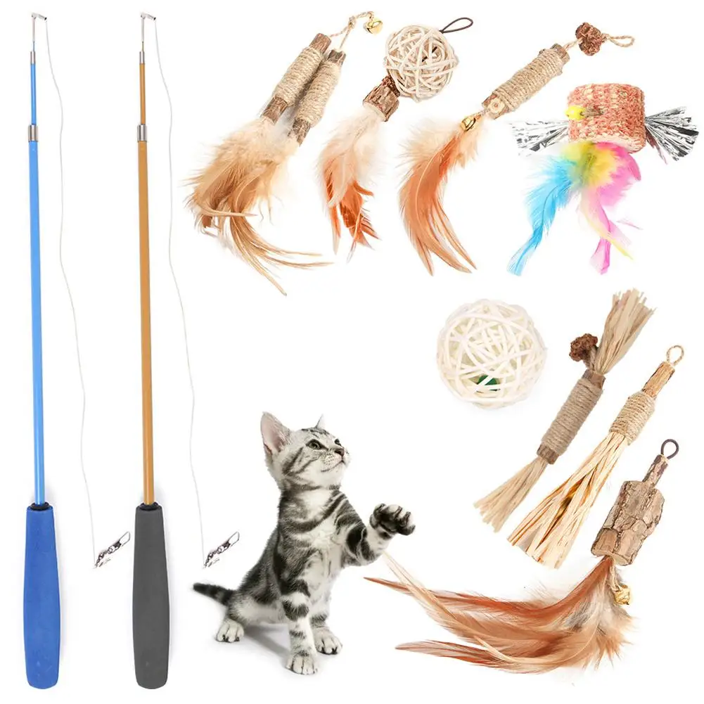 

1 Set Pet Cat Teaser Stick With Feather Replacement Head Fishing Pole Wand Catcher Exerciser Cat Accessories Drop Shipping